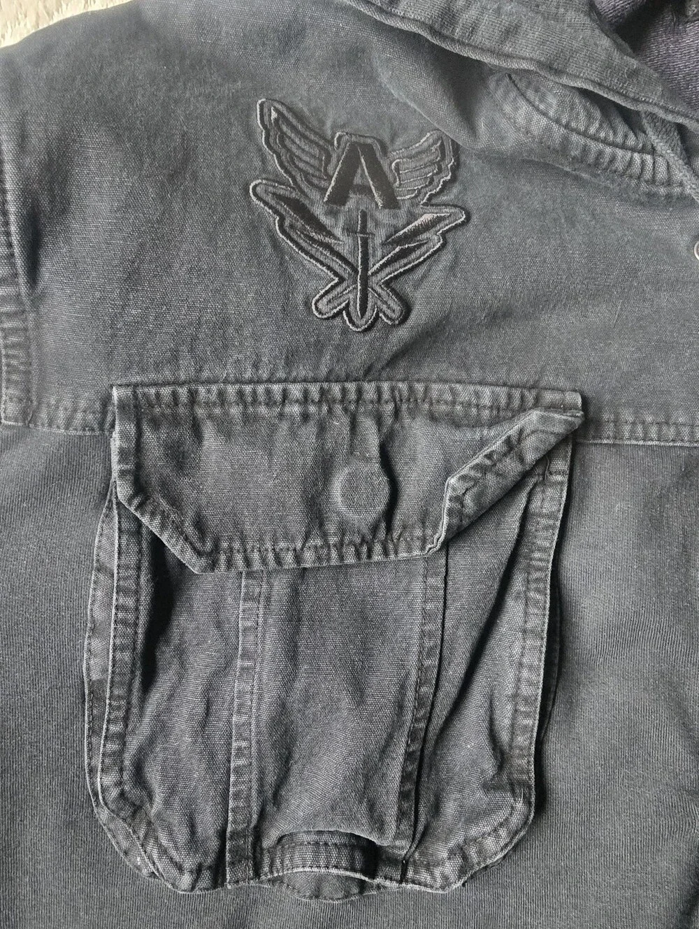 RARE VTG Affliction hybrid hooded denim jacket Mens 2X Full-zip, Black, Y2K - Picture 15 of 16